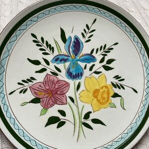 2 VTG Stangl 10” dinner plates Country Garden. Blue iris daffodil hand painted